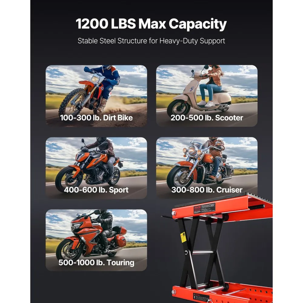 VEVOR Cric élévateur à ciseaux pour moto, Capacité 544 kg, Hauteur réglable 105 à 380 mm, Élévateur à vis robuste avec clé à cliquet pour entretien de motos, quads et motos tout-terrain