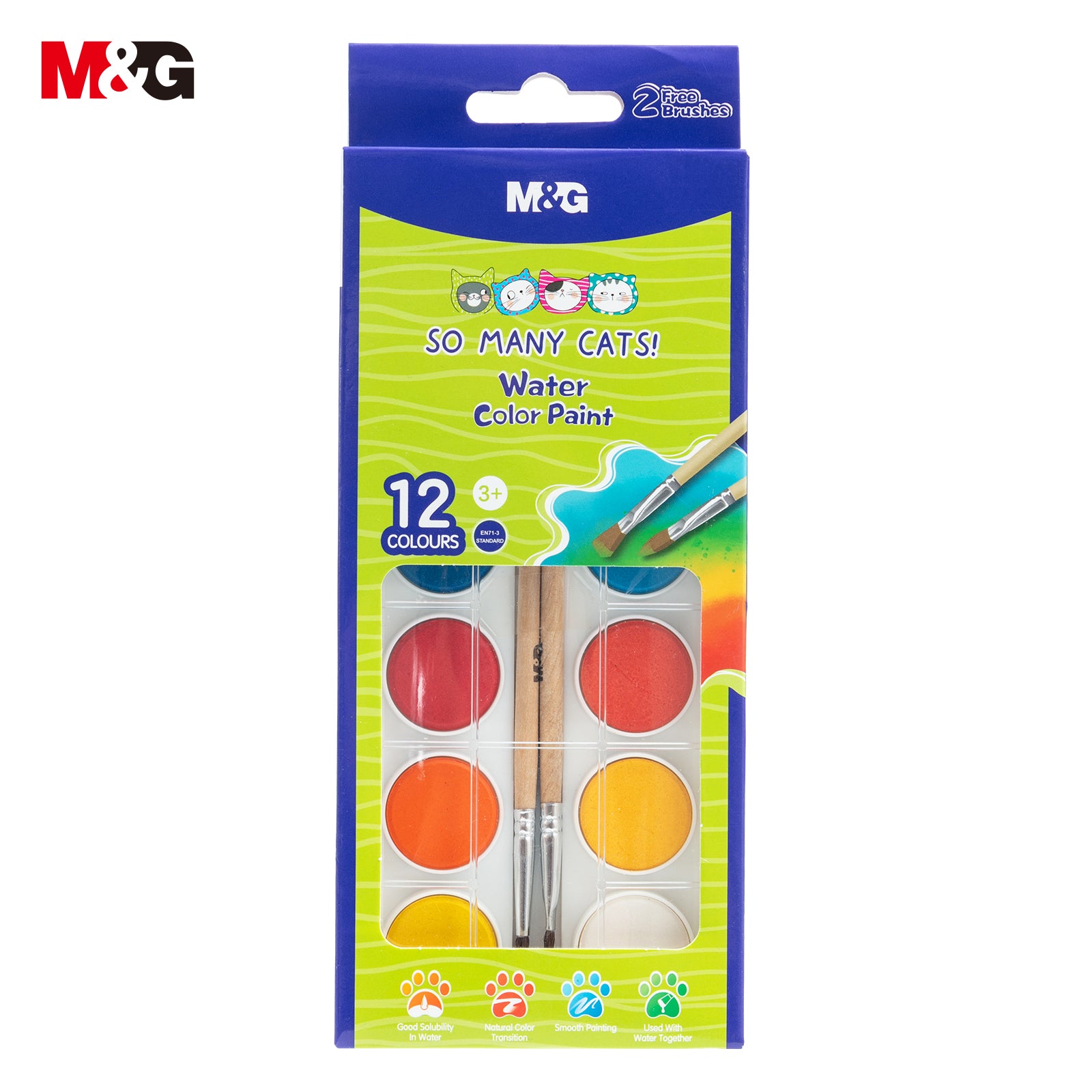 M&G Tant de chats Coffret d'aquarelle 12 couleurs avec pinceau à réservoir d'eau – Fournitures artistiques pour enfants et adultes, idéal pour débutants