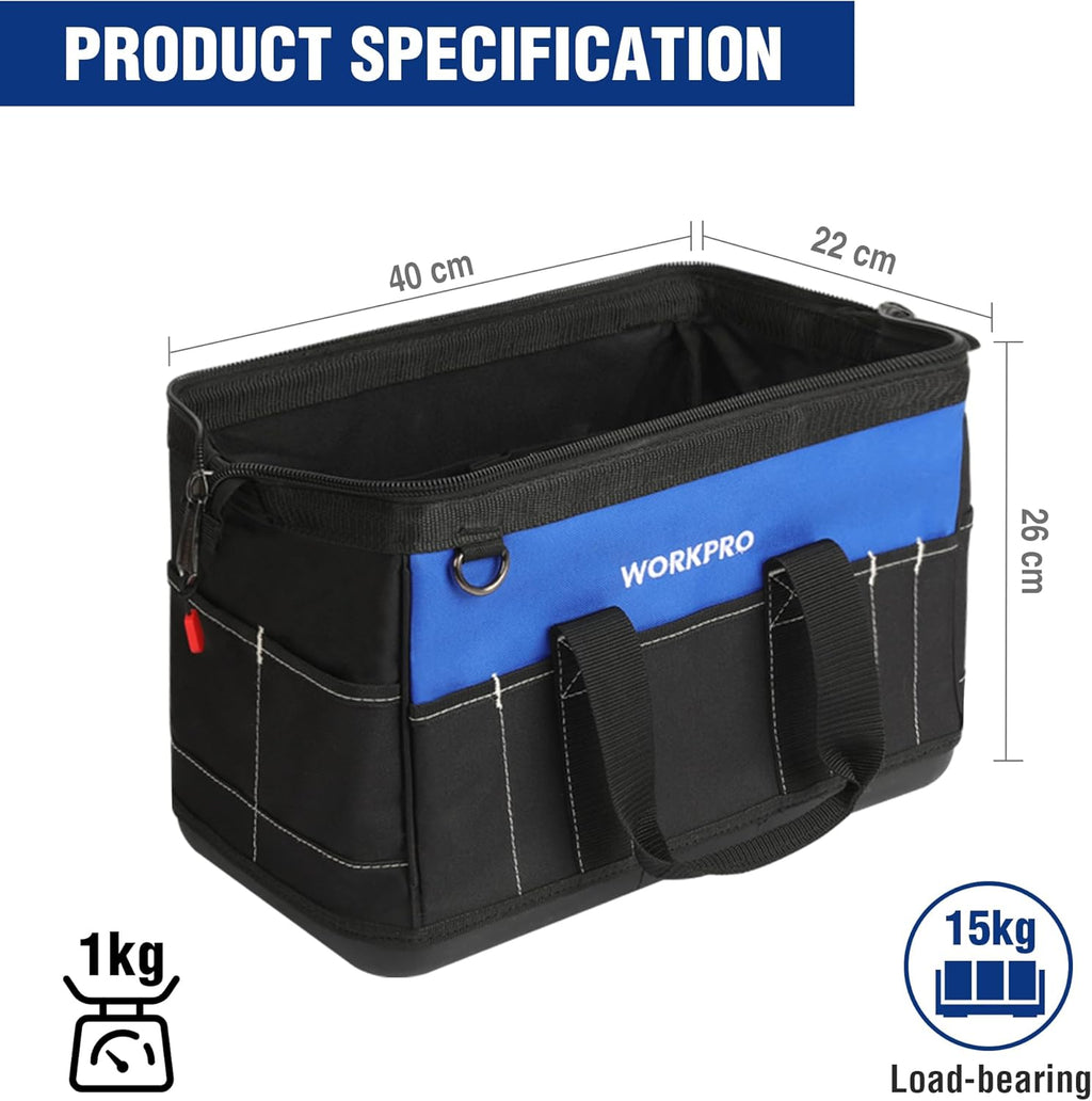 WORKPRO Sac à Outils 16 Pouces, Sac à Outils Robuste Multi-Poches avec Base Rigide en Plastique Imperméable, Sac à Outils Électromécanicien Robuste à Ouverture Large avec Bandoulière Réglable