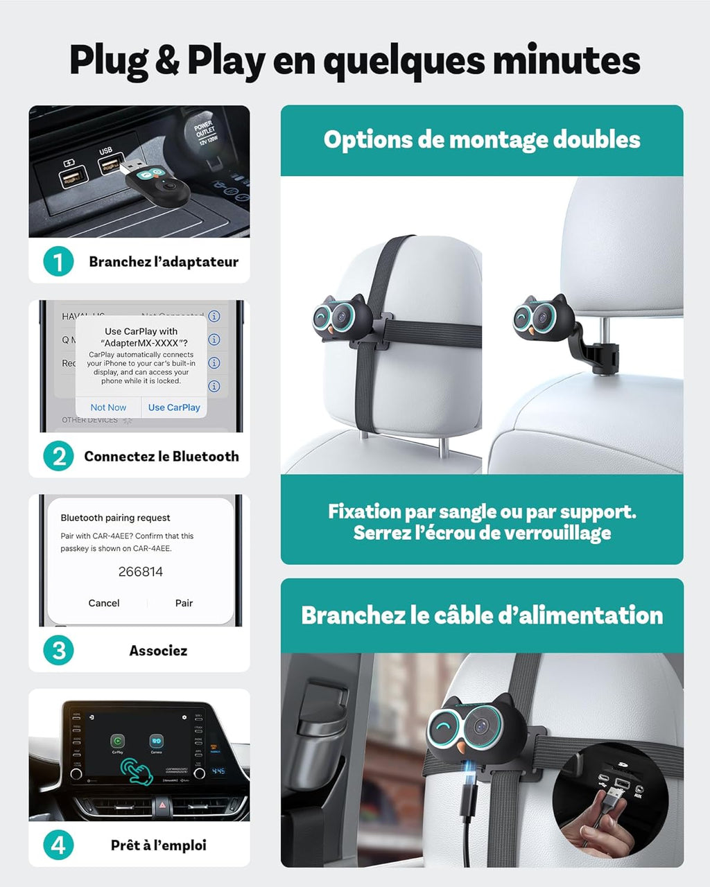 OTTOCAST Cabin Care Caméra voiture pour bébé, Écran partagé pour CarPlay sans fil et vue bébé, Vision nocturne sans lueur, Prêt à l’emploi, Grand angle 150°, 1080P