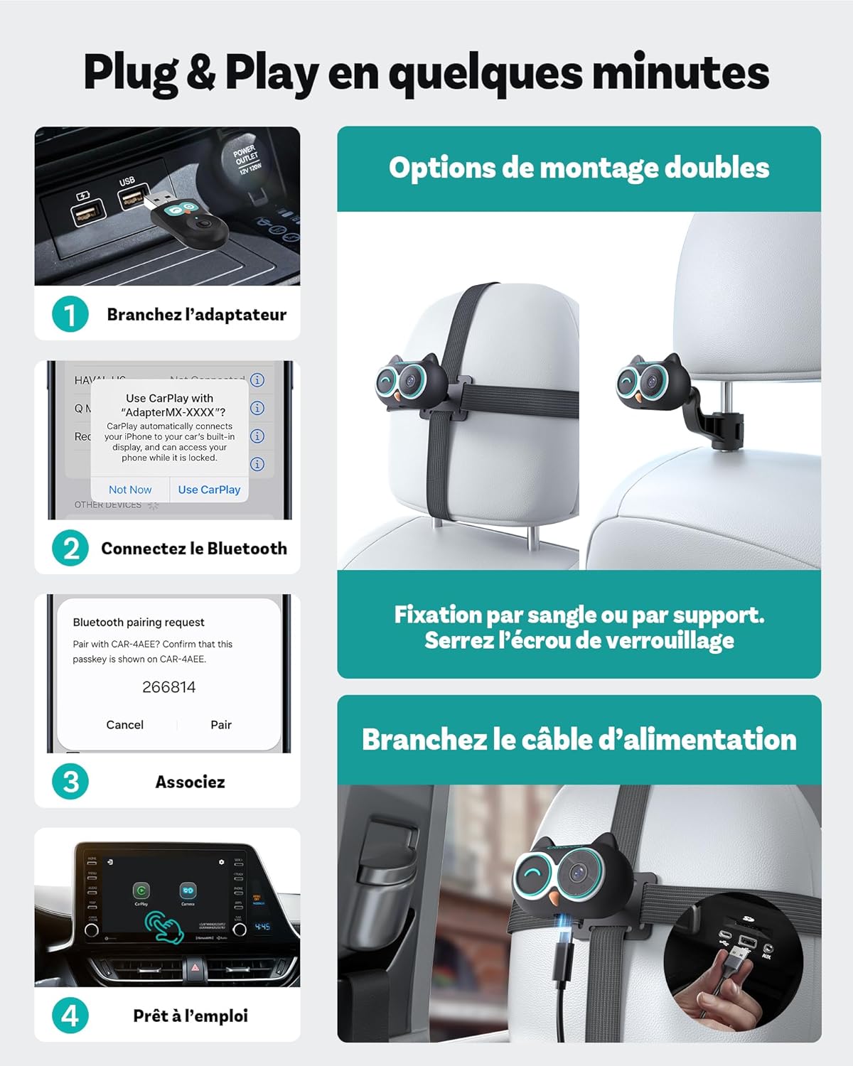 OTTOCAST Cabin Care Caméra voiture pour bébé, Écran partagé pour CarPlay sans fil et vue bébé, Vision nocturne sans lueur, Prêt à l’emploi, Grand angle 150°, 1080P