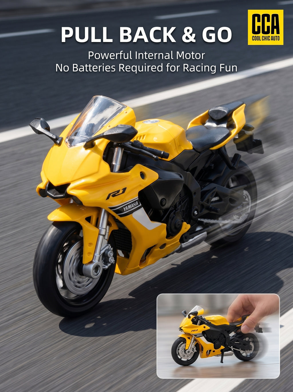 CCA 1:18 Moto modèle en métal coulé sous pression Yamaha YZF-R1 - Jaune, Suspension arrière fonctionnelle, Prêt à offrir, Détails réalistes, Parfait pour exposition sur bureau