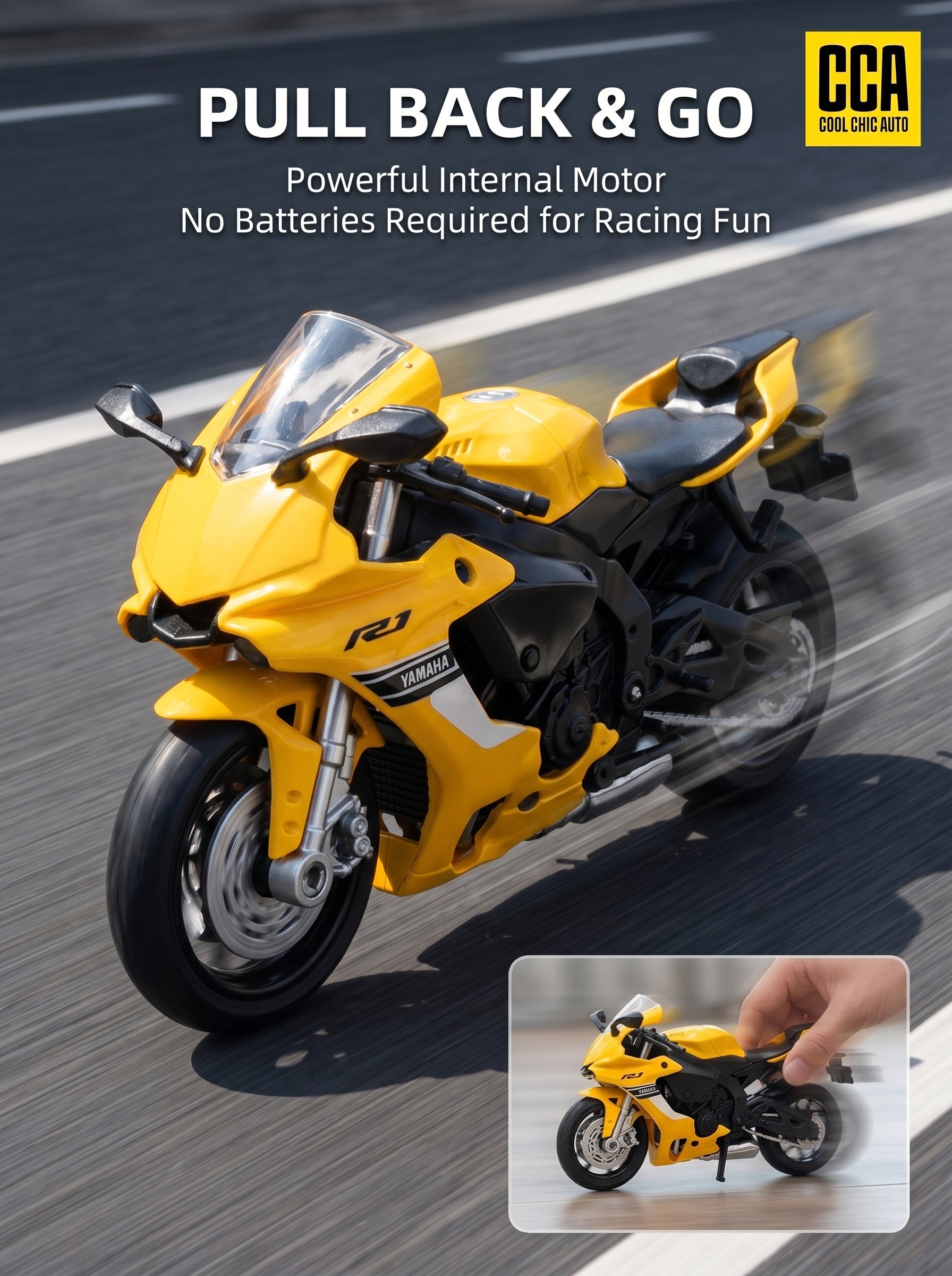 CCA 1:18 Moto modèle en métal coulé sous pression Yamaha YZF-R1 - Jaune, Suspension arrière fonctionnelle, Prêt à offrir, Détails réalistes, Parfait pour exposition sur bureau