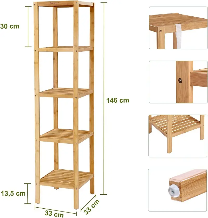 JOYFURNOS Étagère sur Pied en Bambou à 5 Niveaux pour Salle de Bain, Cuisine, Salon, Chambre - 33x33x146 cm