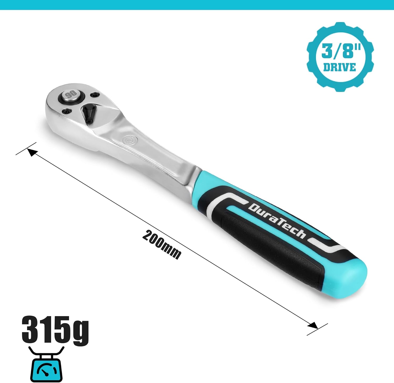 DURATECH Poignée à Cliquet, Embout Carré 3/8", Cliquet Réversible 90 Dents, En Acier Chrome-Vanadium, Petit Angle d'Actionnement 4° Pour Espaces d'Installation Restreints