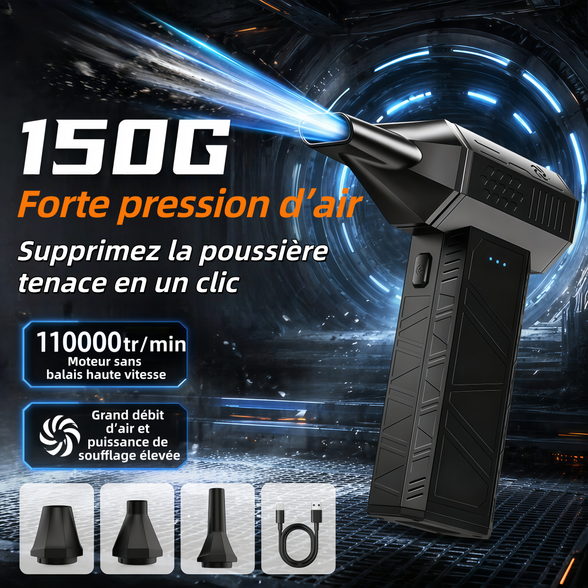 JUFINX X3 mini Dépoussiéreur à air comprimé style WOLFBOX - Ventilateur turbo 110 000 tr/min | Charge rapide 20 W, Batterie rechargeable, 3 vitesses réglables, Autonomie de 4 heures