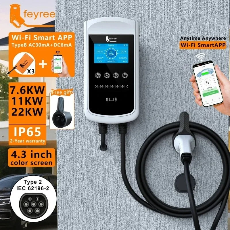Feyree Chargeur pour véhicule électrique Type 2 32 A 7,6 kW, Station de charge, Chargeur voiture électrique, Équipement d’alimentation pour véhicule électrique, Borne murale