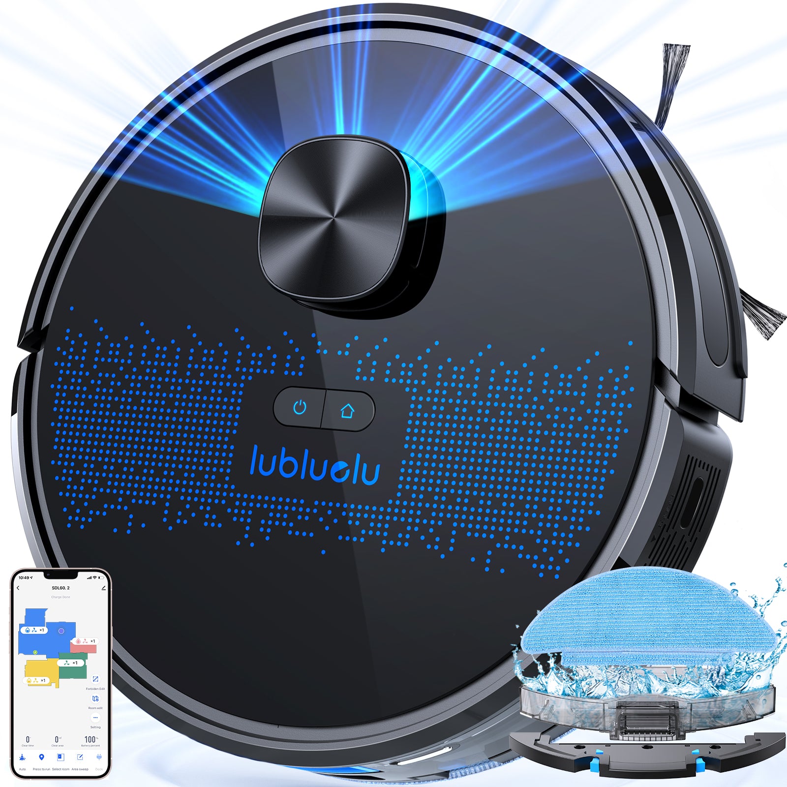 Lubluelu SL60D Aspirateur Robot Laveur, 2 en 1, Aspiration 4000 Pa, Navigation Laser avec 5 Cartes, Faible Bruit 55 dB, Contrôlé par Application, Pour Poils d'Animaux, Tapis, Sols Durs