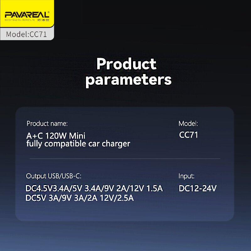 PAVAREAL CC71 Mini Chargeur de voiture PD 20 W + 100 W Prend en charge la charge rapide des gammes iPad, Samsung, iPhone