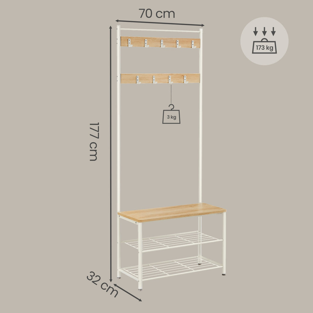 JOYFURNOS Portemanteau, Vestiaire d'entrée avec banc de rangement pour chaussures, 32 x 70 x 177 cm, Industriel, Naturel et blanc