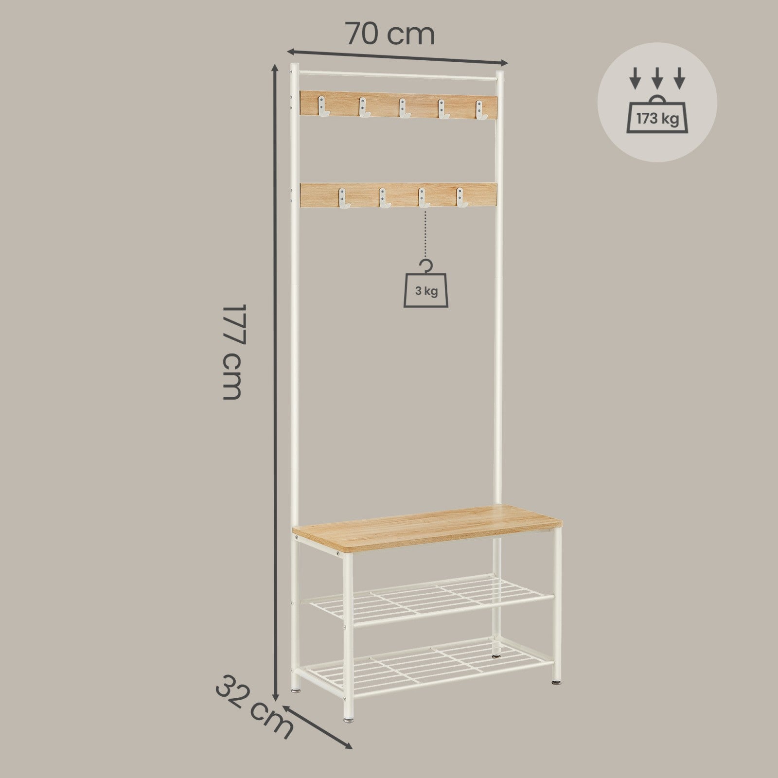 JOYFURNOS Portemanteau, Vestiaire d'entrée avec banc de rangement pour chaussures, 32 x 70 x 177 cm, Industriel, Naturel et blanc