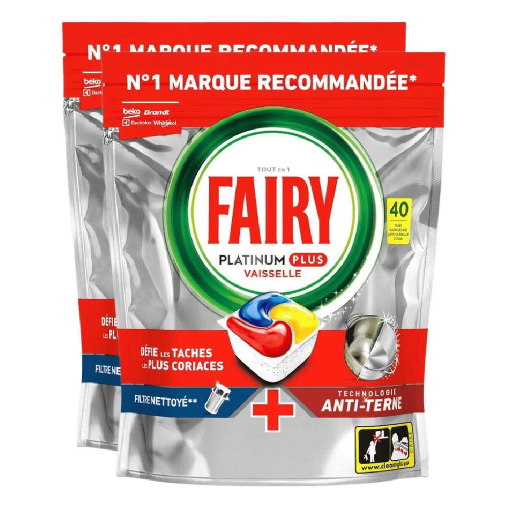 Fairy Platinum Plus Citron Tablettes Lave-Vaisselle 2 x X40 (= 80 Tablettes)