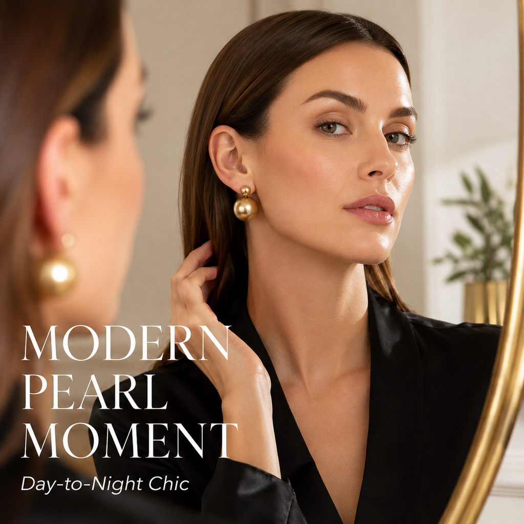 VoxorAI Boucles d'oreilles classiques à double perle dorées avec deux perles des deux côtés, luxe léger, haute couture, nouveautés de niche 6 mm et 14 mm