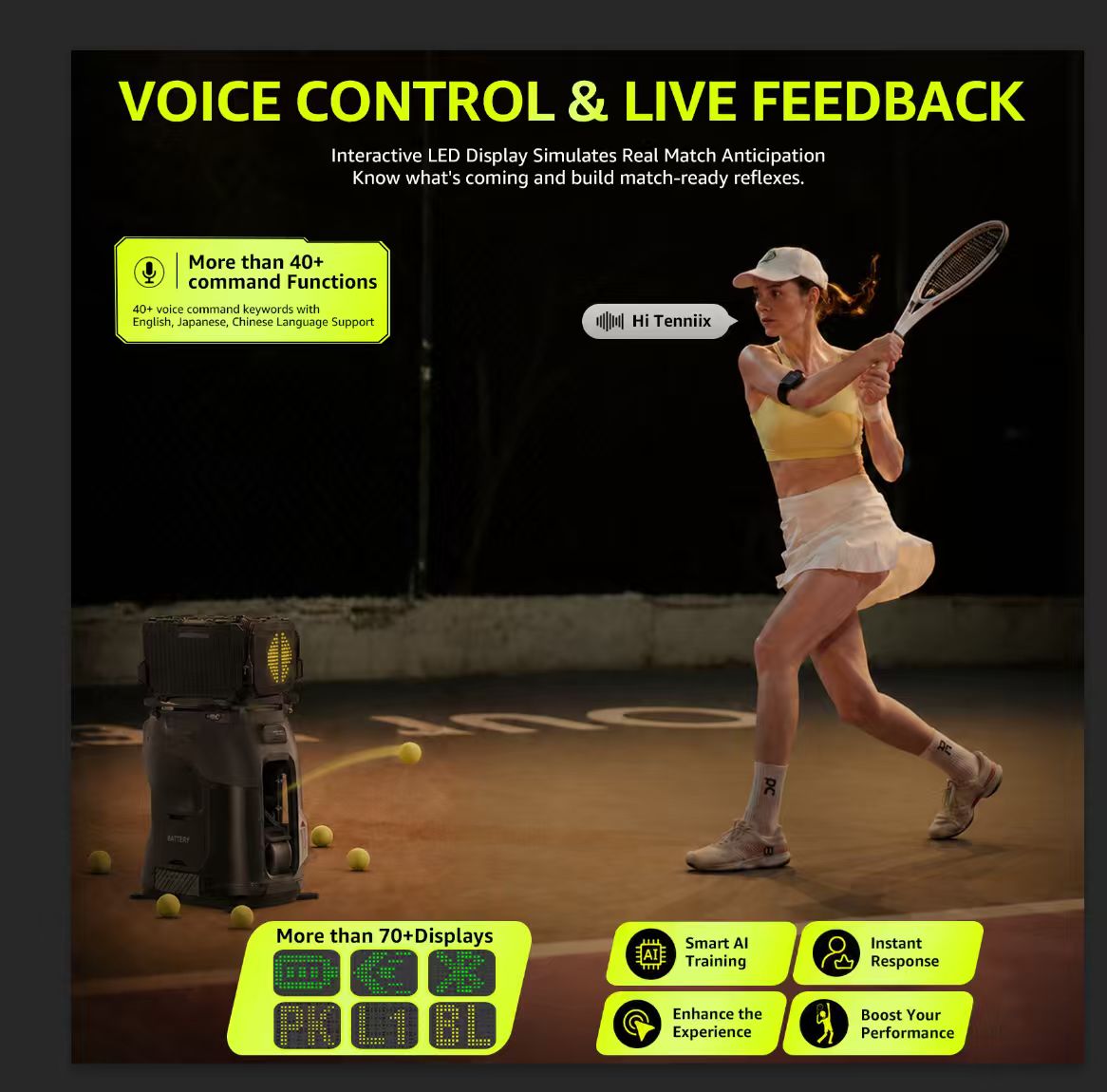 TENNIIX Robot de tennis IA basique, Noir de jais, 100+ modes de service, Contrôle vocal et par application, Écran LED, Moteur QDD, Plus de 1000 modes d'entraînement personnalisés
