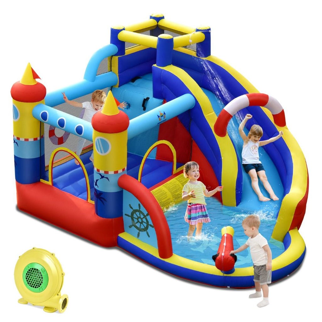 Costway Château gonflable avec souffleur 550 W, parc aquatique 6-en-1, comprend toboggan, piscine et canon à eau