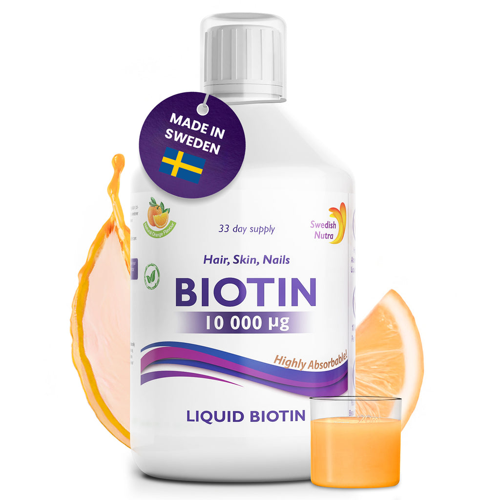 Swedish Nutra Biotine Liquide 10 000µg 500 ml – Biotine & Vitamine C pour Cheveux, Peau et Ongles | absorption rapide, vegan, sans gluten, arôme naturel d'orange 100%