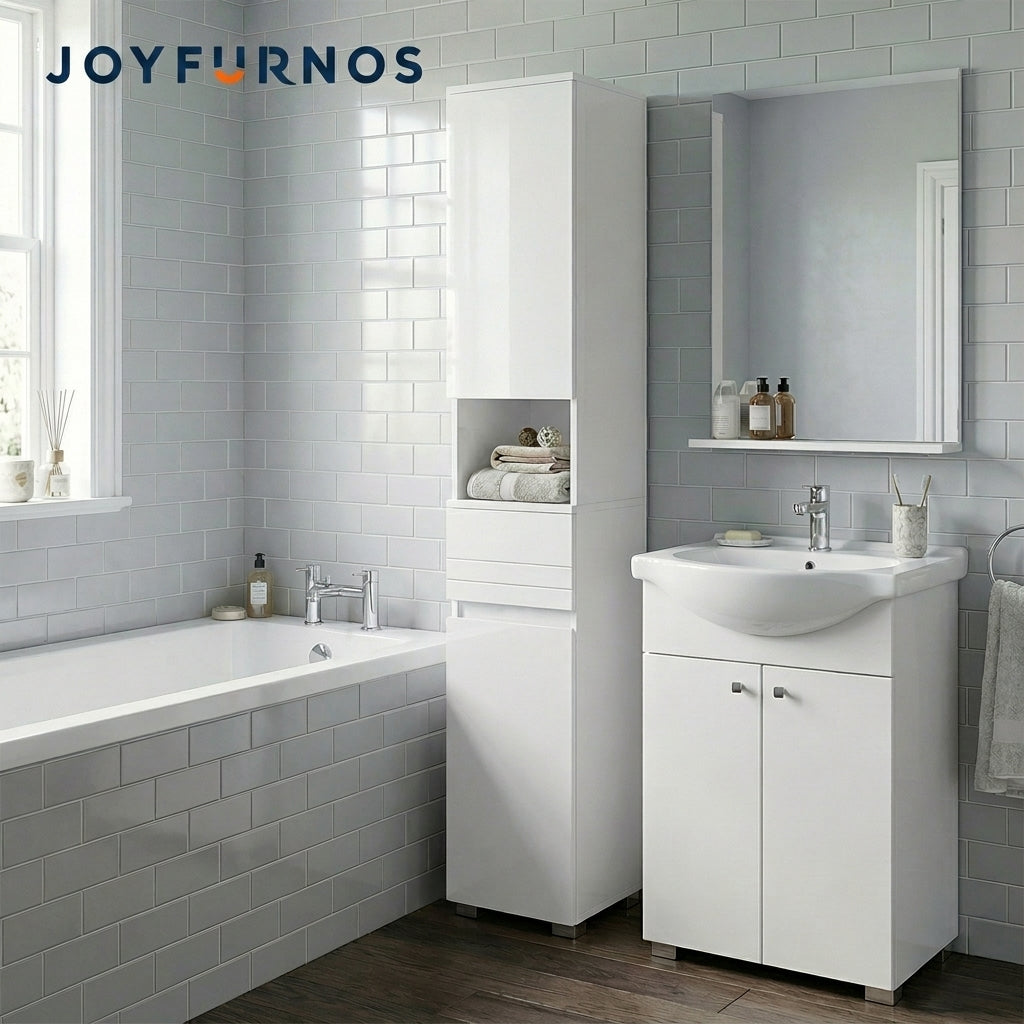 JOYFURNOS Armoire haute de salle de bain, Meuble de rangement mince, Placard étroit, Blanc