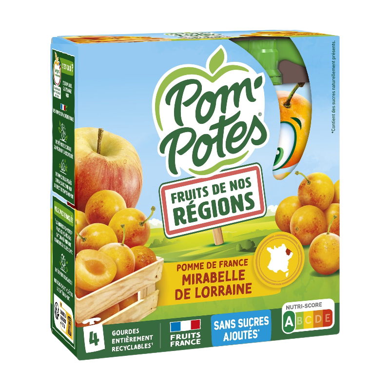 POM'POTES Sachet de compote de fruits pommes et prunes mirabelles, 4 x 90 g