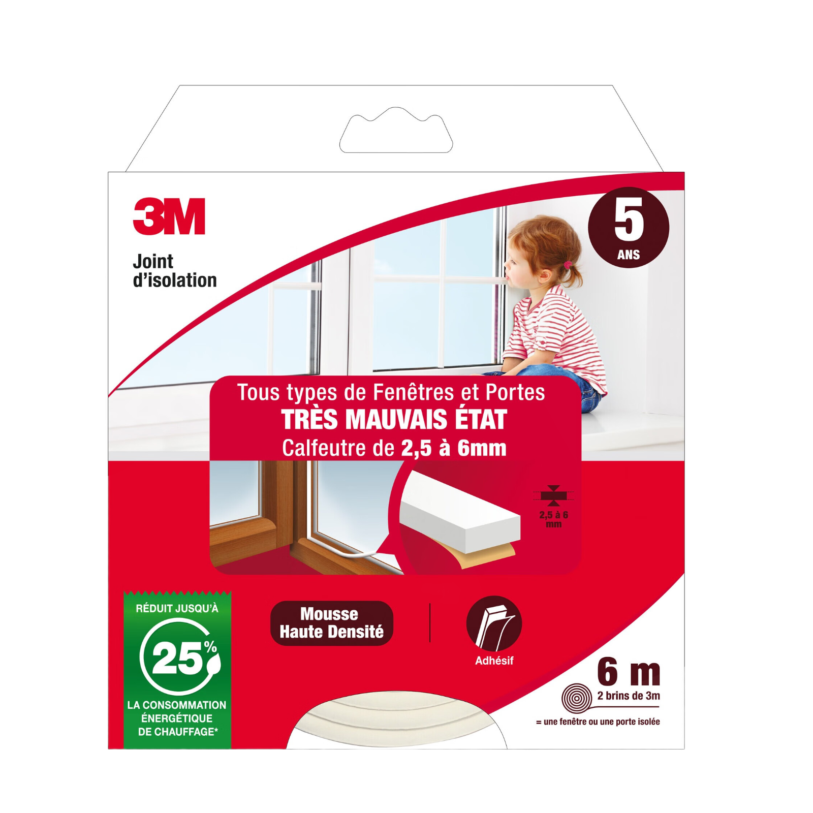 3M Joint en mousse pour portes et fenêtres, blanc, 6 m