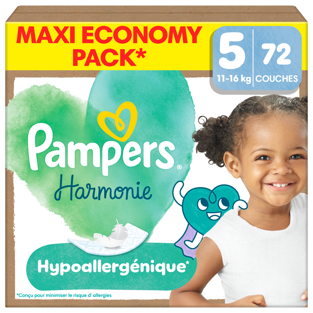 Pampers Harmonie Couches Édition Limitée, Taille 5, 72 Couches, 11kg-16kg, Conçues Pour Les Peaux Les Plus Sensibles, Maxi Economy Pack