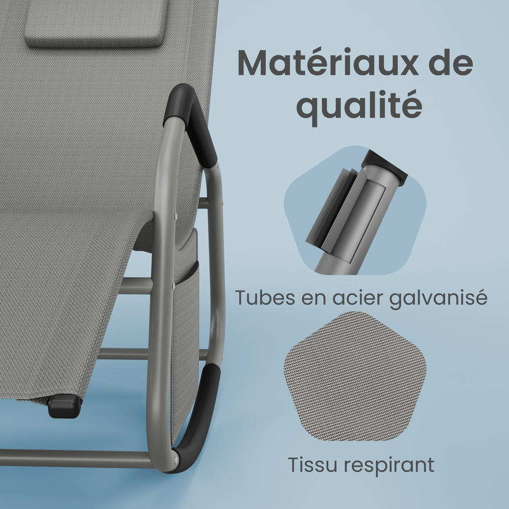 JOYFURNOS Chaise Relax de Jardin, Fauteuil à Bascule avec Poche, Cadre en Acier, Tissu Respirant, Gris Tourterelle