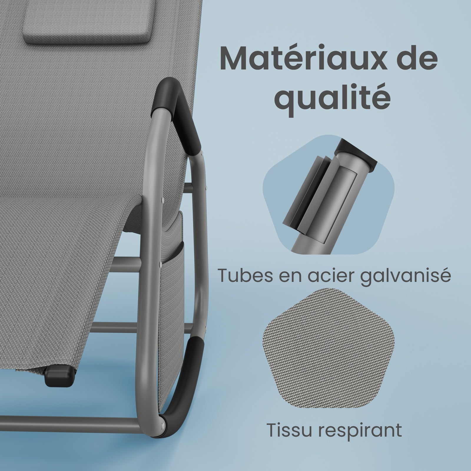 JOYFURNOS Chaise Relax de Jardin, Fauteuil à Bascule avec Poche, Cadre en Acier, Tissu Respirant, Gris Tourterelle