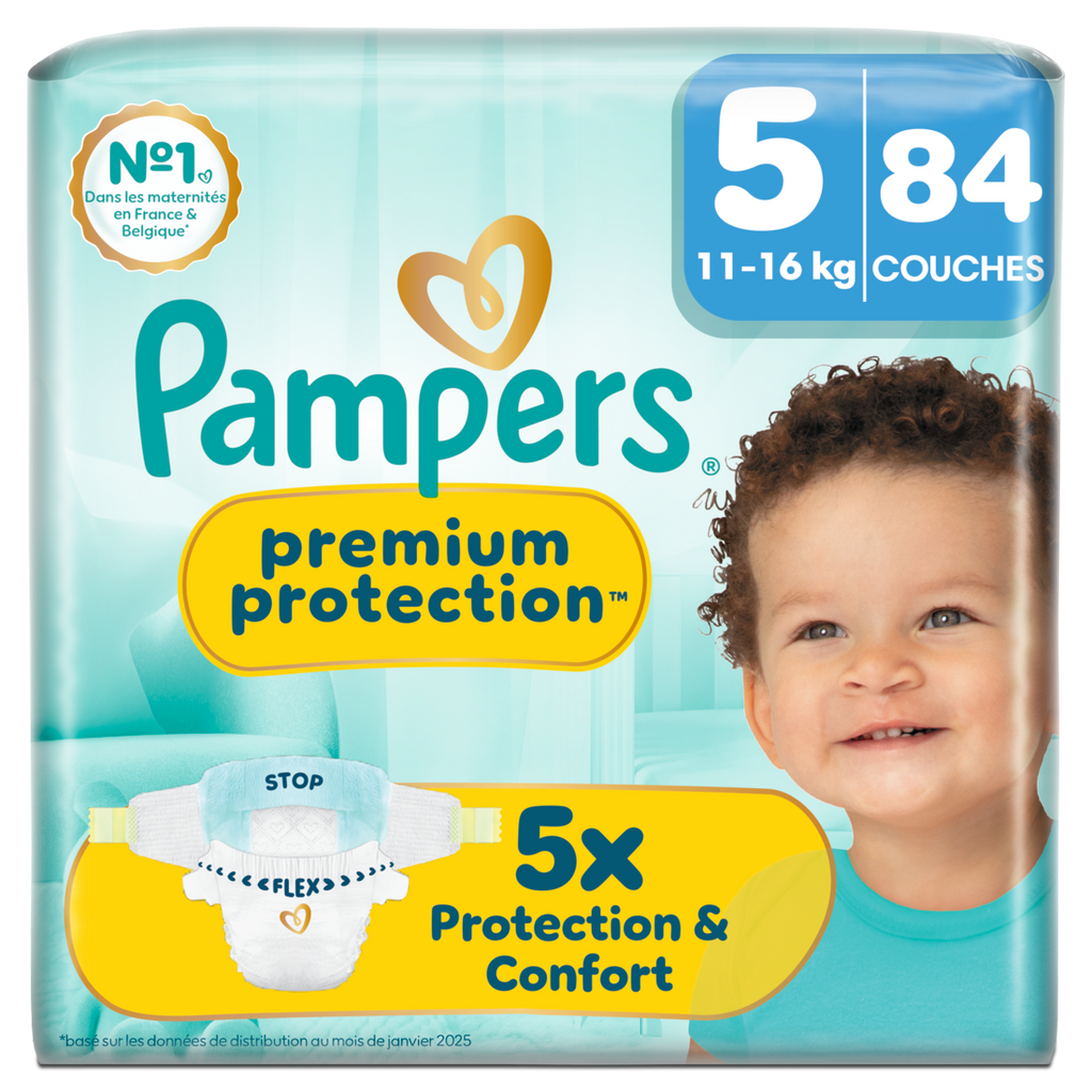 Pampers Premium Protection, Taille 5, 84 Couches, 11-16 kg, Notre #1 Pour La Protection De La Peau Et La Protection Contre Les Fuites