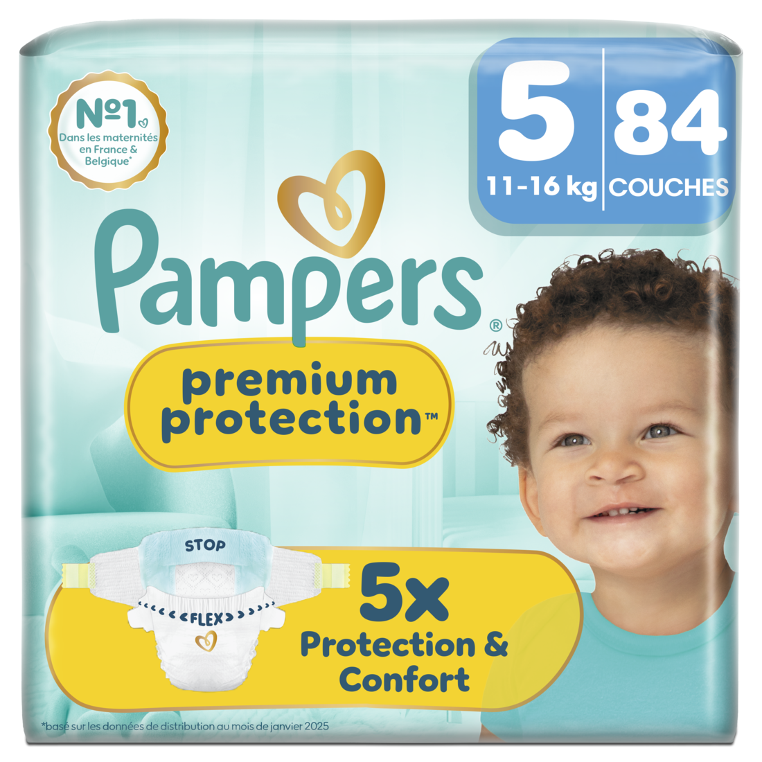 Pampers Premium Protection, Taille 5, 84 Couches, 11-16 kg, Notre #1 Pour La Protection De La Peau Et La Protection Contre Les Fuites