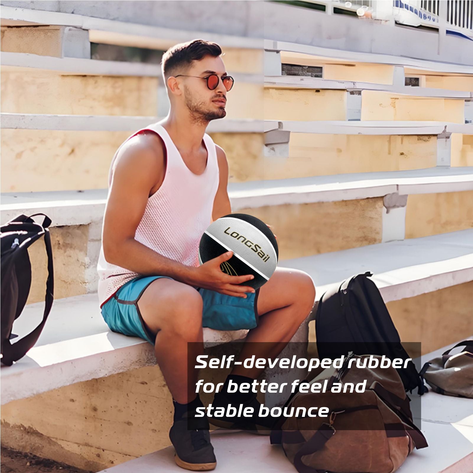 LONGSAIL Ballon de basket-ball en caoutchouc de haute qualité 29,5 po Taille 7 Noir/Gris