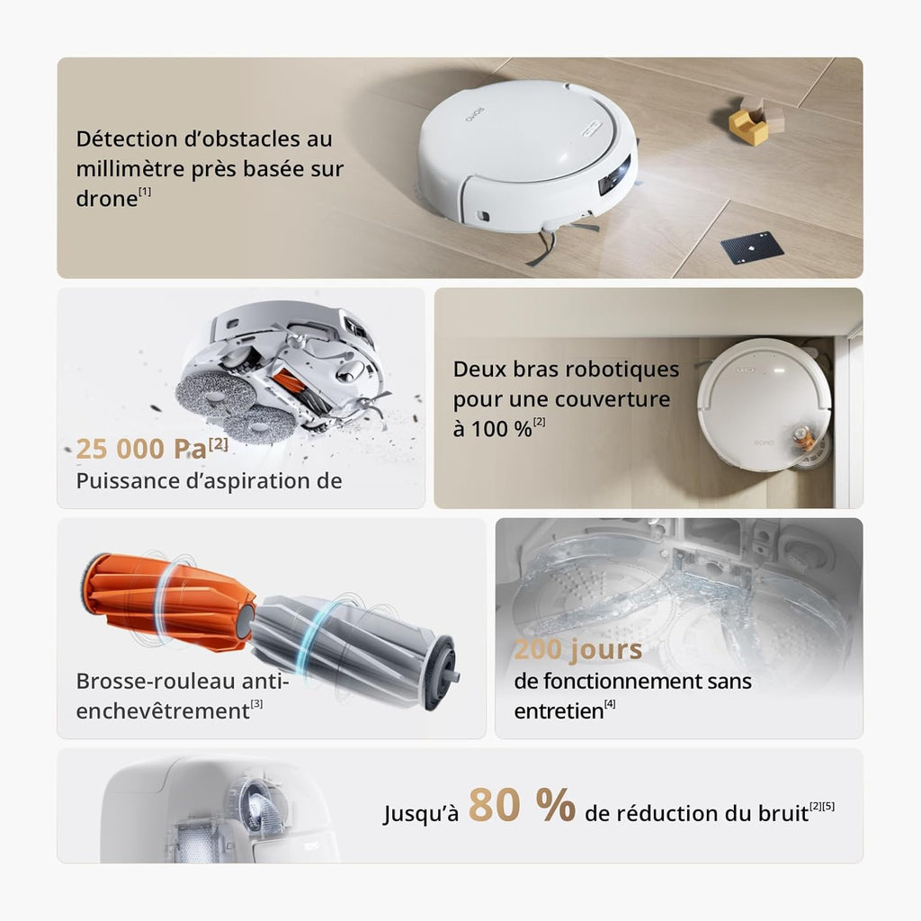 DJI ROMO S Aspirateur Robot Laveur avec Aspiration de 25 000 Pa, Détection de Niveau Drone, Deux Bras Robotiques, Fonctionnement sans Entretien de 200 Jours