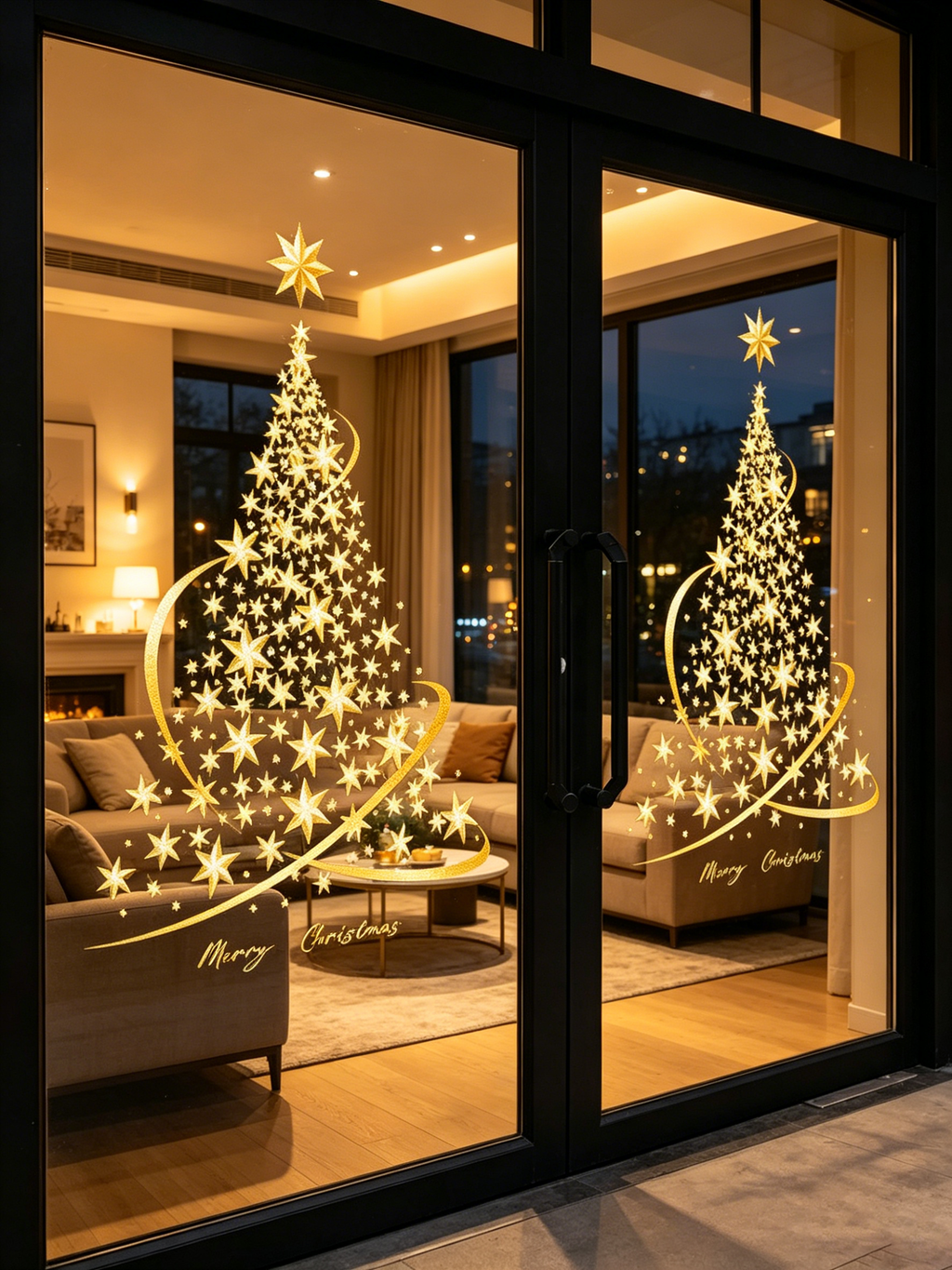 Ju7cer Lot de 2 autocollants de sapin de Noël - Grand sapin de Noël doré - Peut être utilisé pour décorer les murs, les fenêtres et les vitrines - Autocollants pour fenêtres