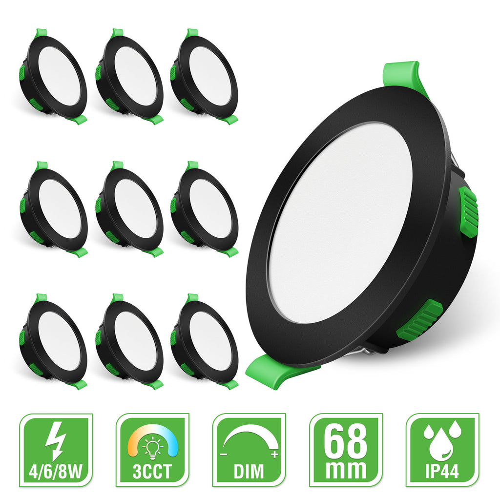 ALIPODLAX Spot encastré LED à intensité variable, Noir mat, 68 mm, Multipuissance, 3 températures de couleur (Chaud, Neutre, Blanc froid), IP44, pour salle de bain