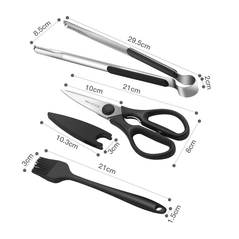 Maxcook MCPJ9562 Lot de 3 accessoires de barbecue en acier inoxydable avec pinces à barbecue, pinceau à huile et ciseaux - Noir