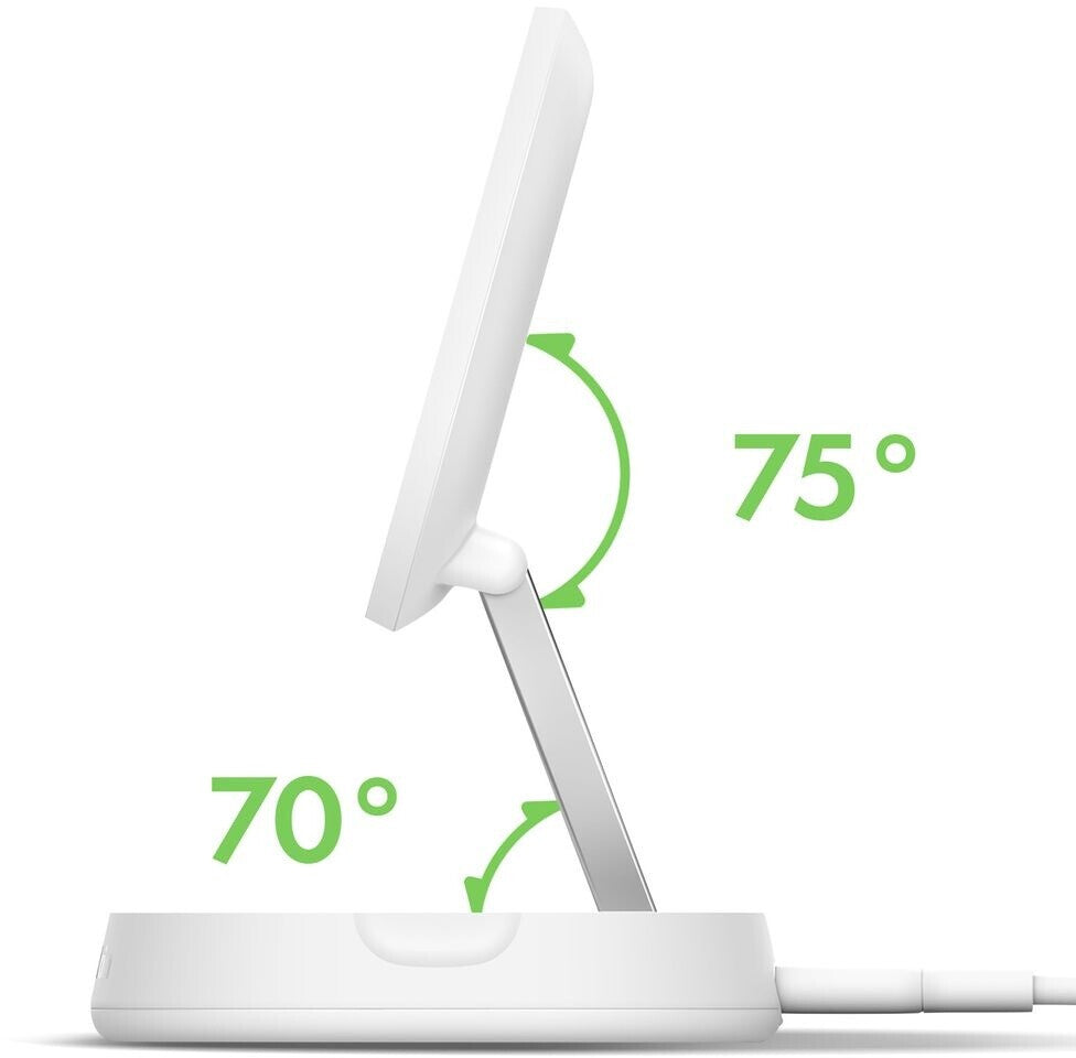 BELKINBOOST CHARGE Pro Qi2 Chargeur sans fil magnétique et pliable à induction 15 W compatible MagSafe pour iPhone 16/15/14 et AirPods, adaptateur secteur 20 W inclus - Blanc
