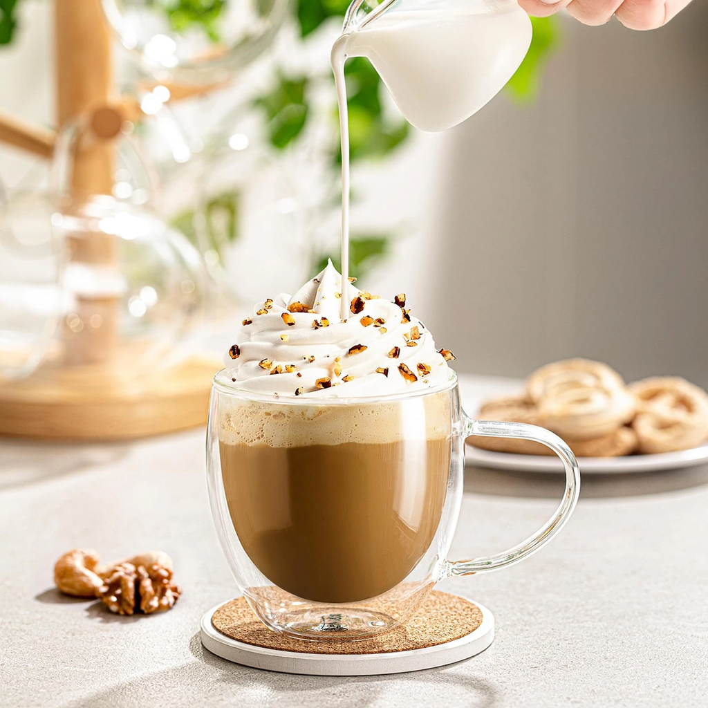 Lot de 2 Tasses à Café en Verre Double Paroi avec Anse, 250ml Verre Transparent Isotherme pour Boissons Chaudes et Froides, Latte, Cappuccino