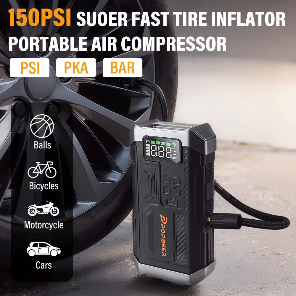 POPDEER PD-JA3 5000A Booster de démarrage 4-en-1, Compresseur d'air 150PSI, Batterie externe 12V QC 3.0 avec écran LCD, 10L Essence/8L Diesel