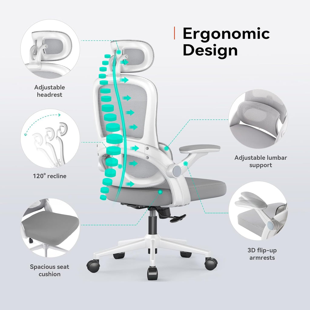 SIHOO M102C Chaise de bureau ergonomique en maille, haut dossier avec accoudoirs 3D, soutien lombaire réglable haut/bas, chaise de travail informatique pivotante, cadre blanc et maille gris clair