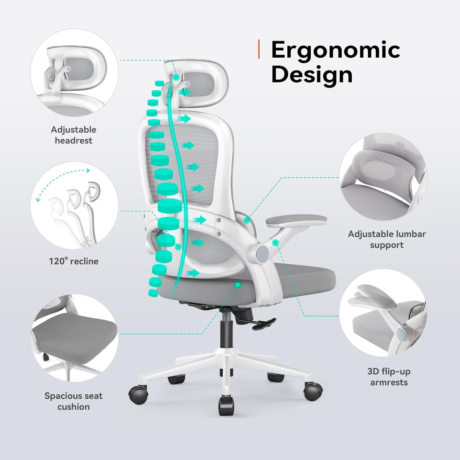 SIHOO M102C Chaise de bureau ergonomique en maille, haut dossier avec accoudoirs 3D, soutien lombaire réglable haut/bas, chaise de travail informatique pivotante, cadre blanc et maille gris clair