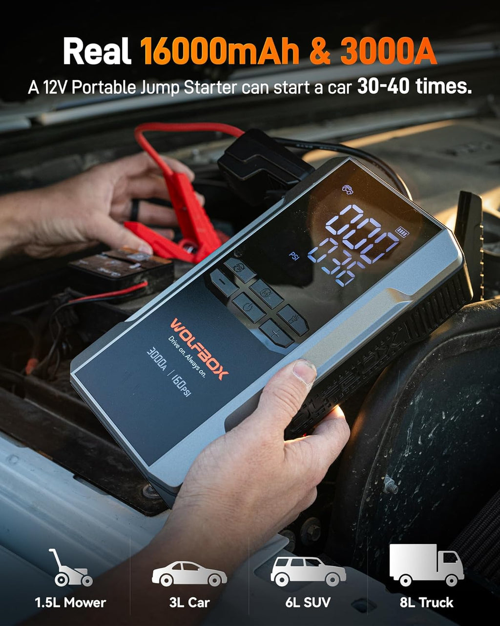 WOLFBOX 3000A Booster de démarrage 12 V avec compresseur d'air et batterie portable 59,2 Wh et 160 psi et recharge rapide 65 W compatible moteurs essence 8 L et diesel 6 L avec