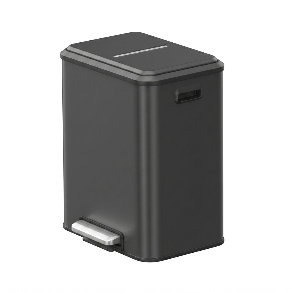 JOYFURNOS Poubelle de cuisine à 2 compartiments avec couvercle à fermeture douce, poubelle de recyclage en acier avec seaux intérieurs et pédale large, noir
