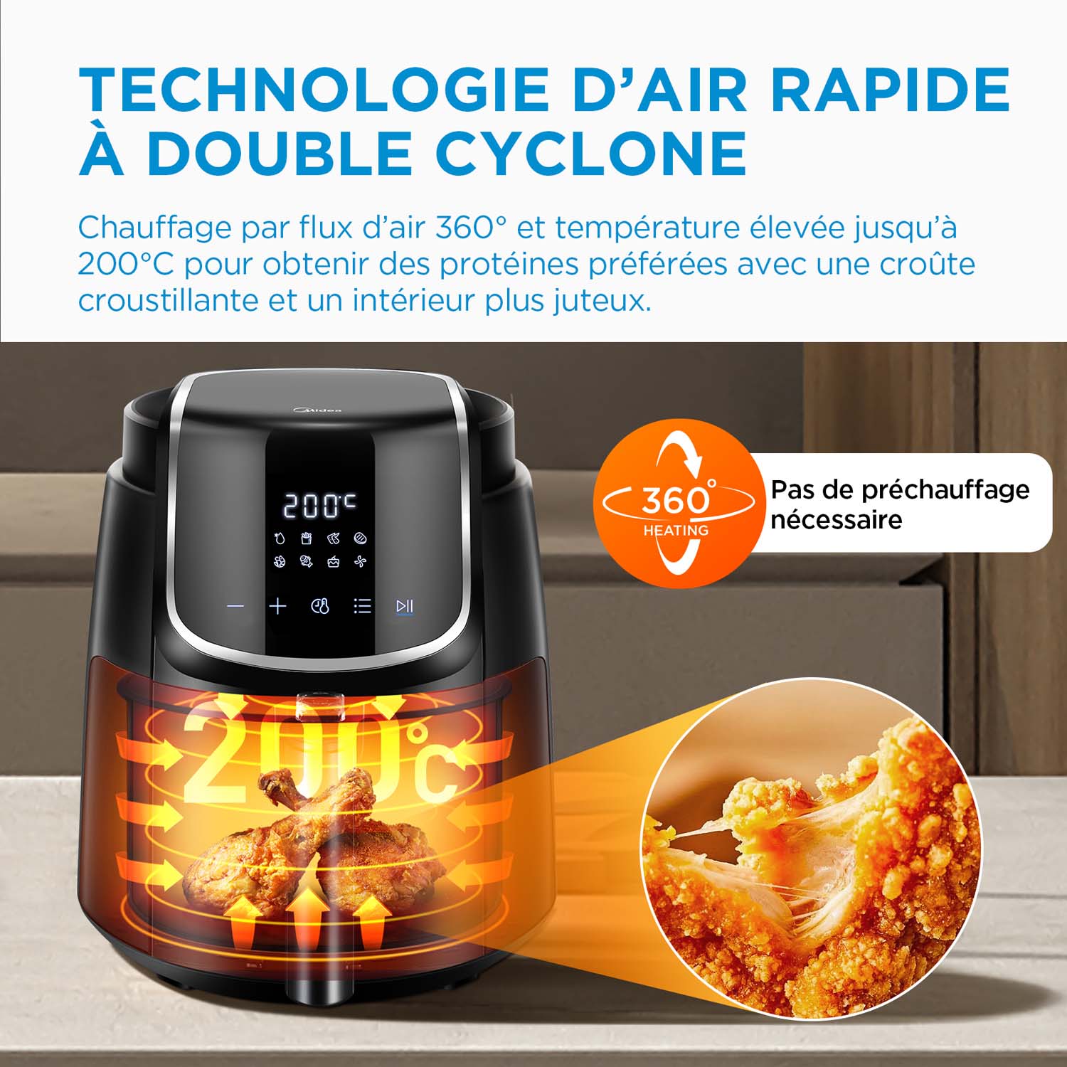 Friteuse sans huile Midea - 4 L, 1500 W, 8 modes préréglés, 35-200 °C, Cuisson, Rôtissage, Gril, Décongélation, Alarme de secouage, Minuterie de 60 minutes, 41 recettes