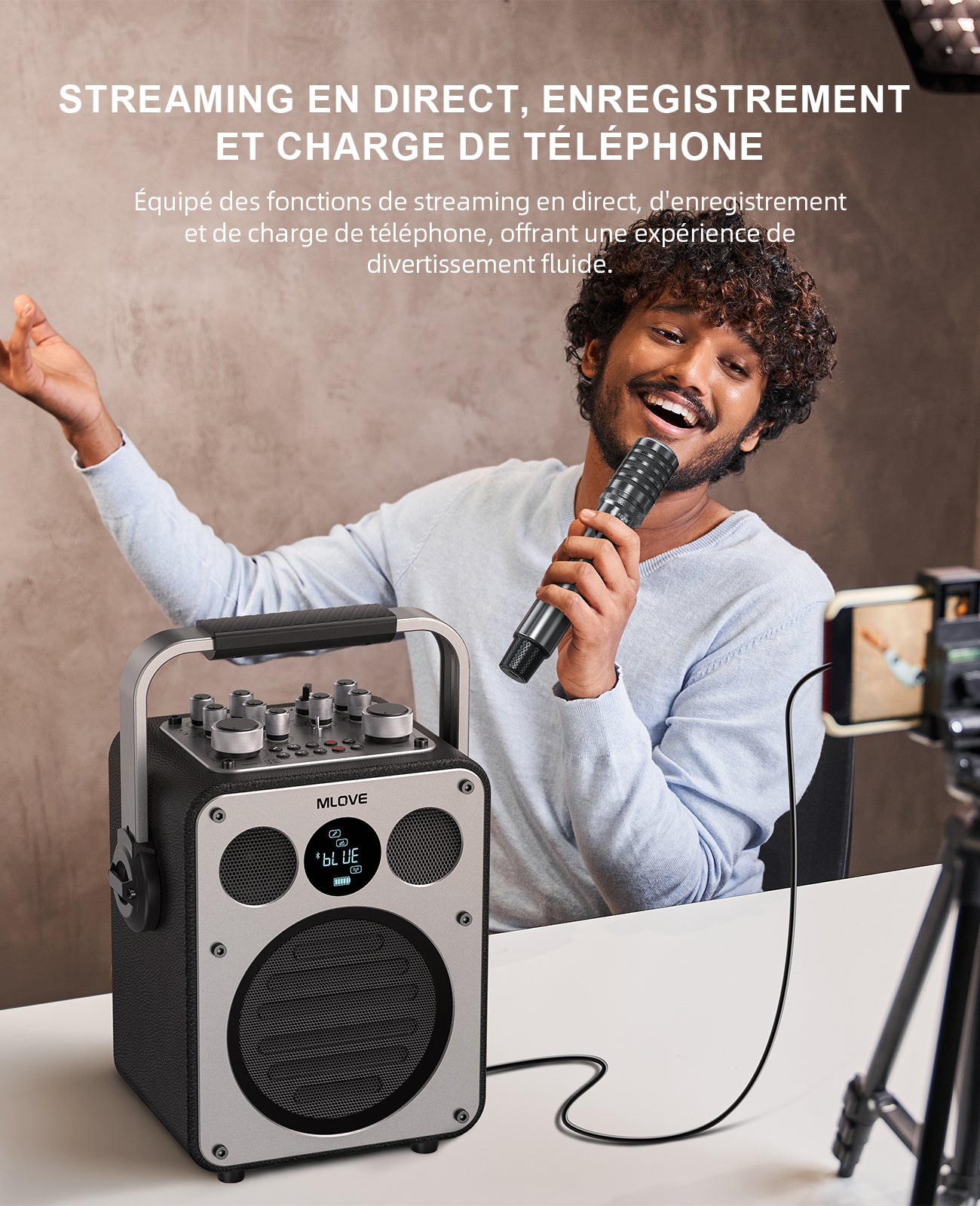 mlove Rangers D5 Machine à karaoké professionnelle 200 W avec 2 microphones sans fil, Bluetooth, Noir