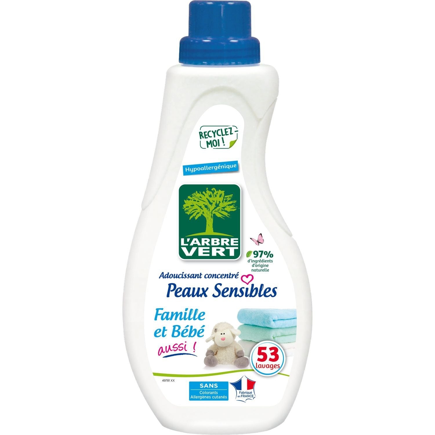 L'ARBRE VERT Adoucissant Concentré Bébé Hypoallergénique, 97 % Origine Naturelle, 53 Lavages, 800 ml