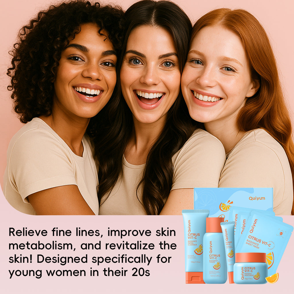 Quiyum Coffret de soins de la peau agrumes vitamine C (11 pièces), nettoyant visage 100 g, lotion tonique 160 ml, crème contour des yeux 20 g, crème visage 50 g, masque visage 25 g × 3, avec brosse nettoyante visage pieuvre, kit facial imperméable 3