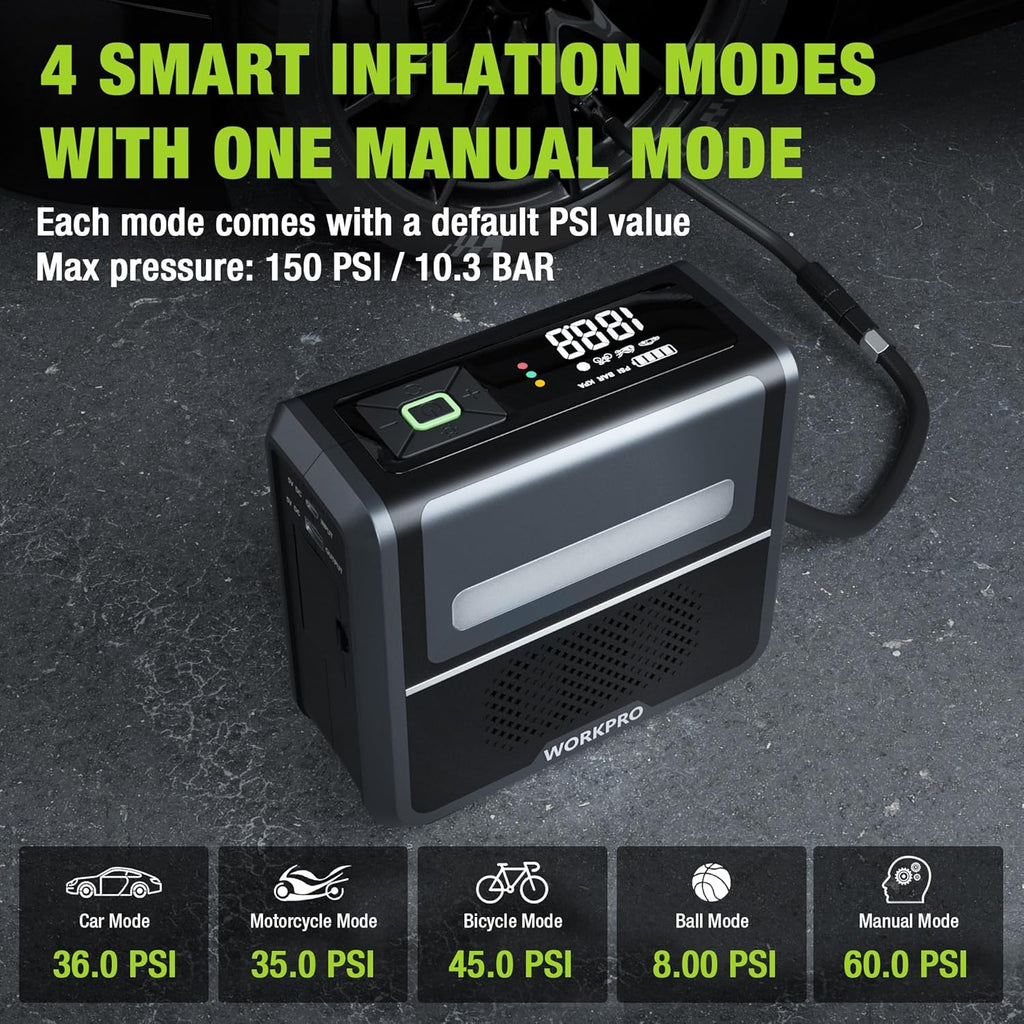 WORKPRO pompe à air électrique sans fil 3-en-1 avec éclairage LED, batterie externe intégrée, compresseur à batterie, écran d'affichage et protection d'arrêt automatique