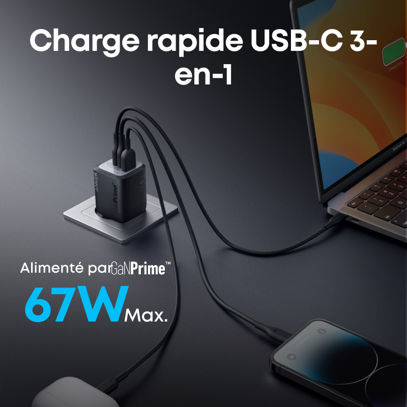 Anker Prime chargeur rapide USB-C GaN 67W à 3 ports, compact et pliable, adapté à MacBook/iPad/iPhone/Samsung et à de nombreux autres appareils