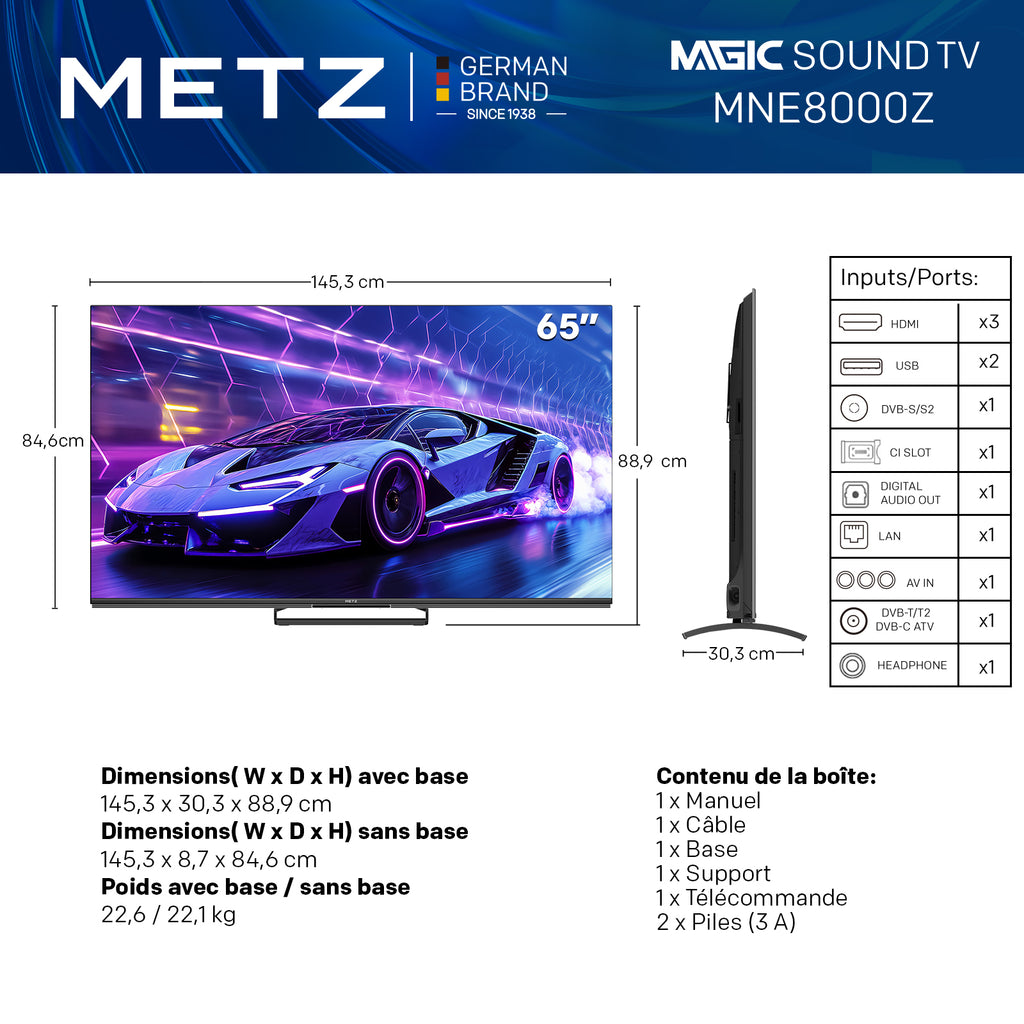 METZ 65MNE8000Z TV MiniLED 144 Hz 65 pouces (165 cm), QLED+ UHD, HDR10+, Smart TV Google, Dolby Vision Atmos, HDMI 2.1, MEMC, Upscaling 4K AI