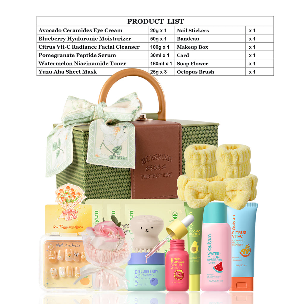 Quiyum Coffret de soins aux fruits (13 pièces) : nettoyant 100 g, lotion tonique 160 ml, crème contour des yeux 20 g, sérum 30 ml, crème 50 g, masques aux fruits 25 g × 3