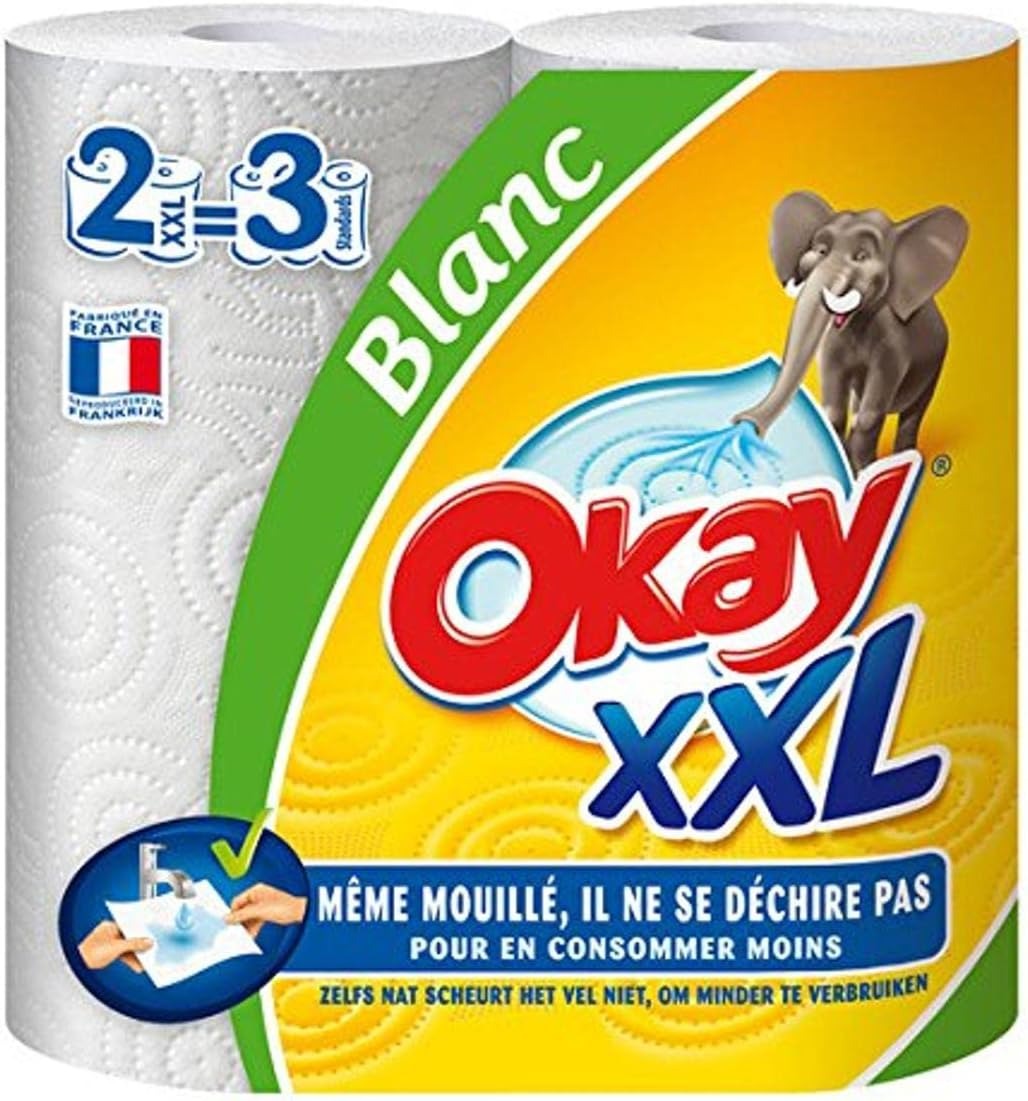 OKAY Essuie-tout de Cuisine Extra Long Blanc, 2 Rouleaux