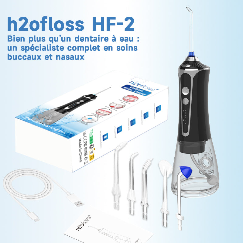 h2ofloss HF-2 Hydropulseur avec 5 modes, 5 canules, rechargeable par USB, étanche IPX7, réservoir d'eau de 300 ml - Noir